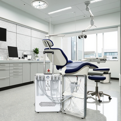 Kofferdesign Tragbare Zahnarzteinheit Handgehaltene Mobile Zahnbehandlungseinheit mit eingebautem Kompressor, Polymerisationslampe und Scaler